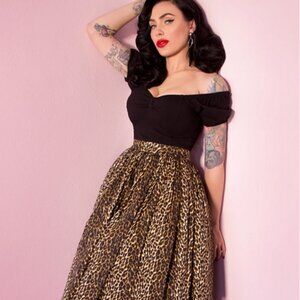 Vixen by Micheline Pitt Swing Skirt in Leopard Cotton Sateen - Size XL - EUC